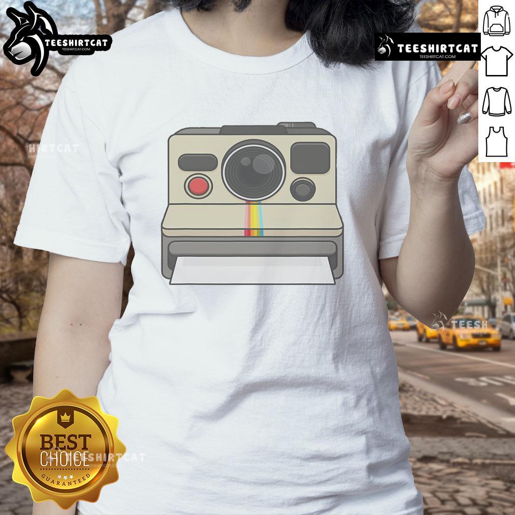 Retro 80s style ladies tee featuring a vintage instant camera design, perfect for nostalgic fashion lovers.