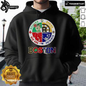 Nice Boston Four Major Sports Teams Circle Emblem Hoodie featuring logos of the Red Sox, Celtics, Patriots, and Bruins.