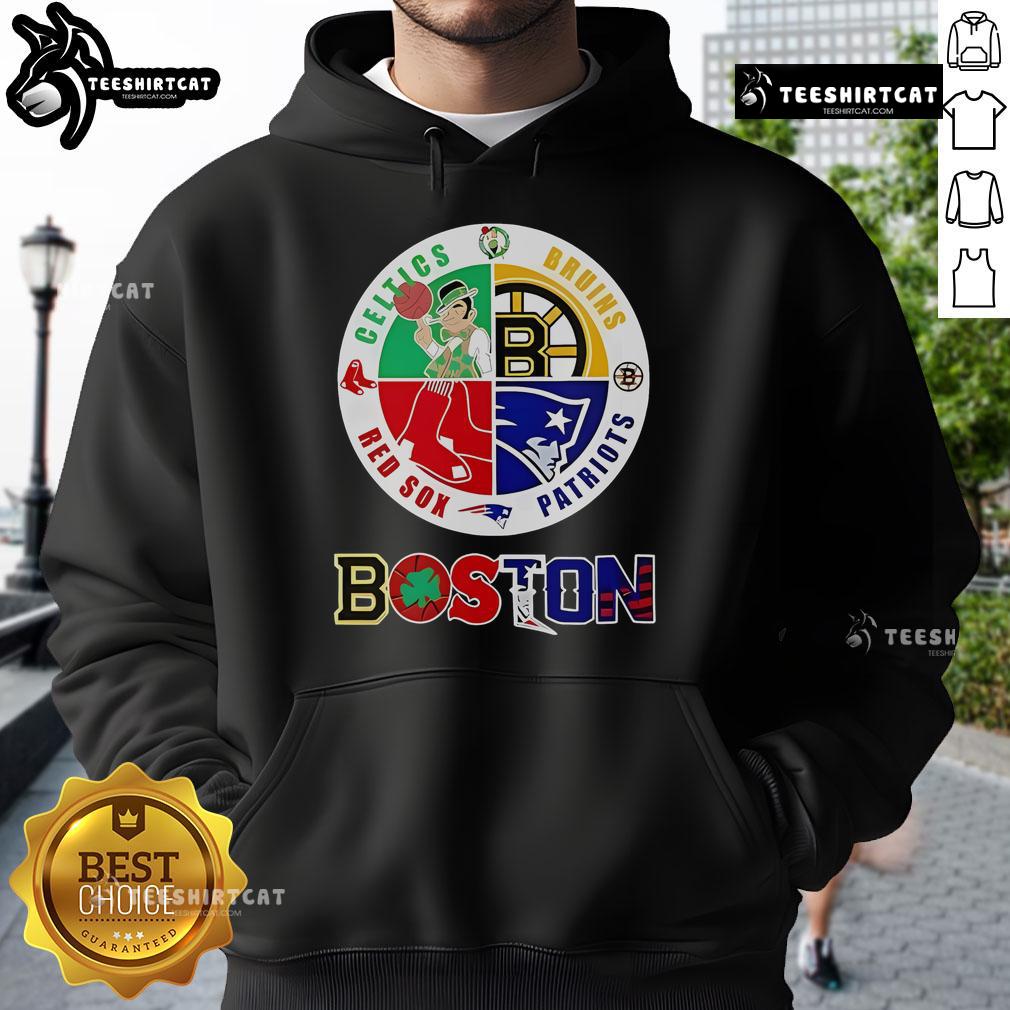 Nice Boston Four Major Sports Teams Circle Emblem Hoodie featuring logos of the Red Sox, Celtics, Patriots, and Bruins.