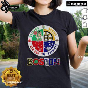 Boston four major sports teams circle emblem on a ladies tee, showcasing city pride and team spirit.