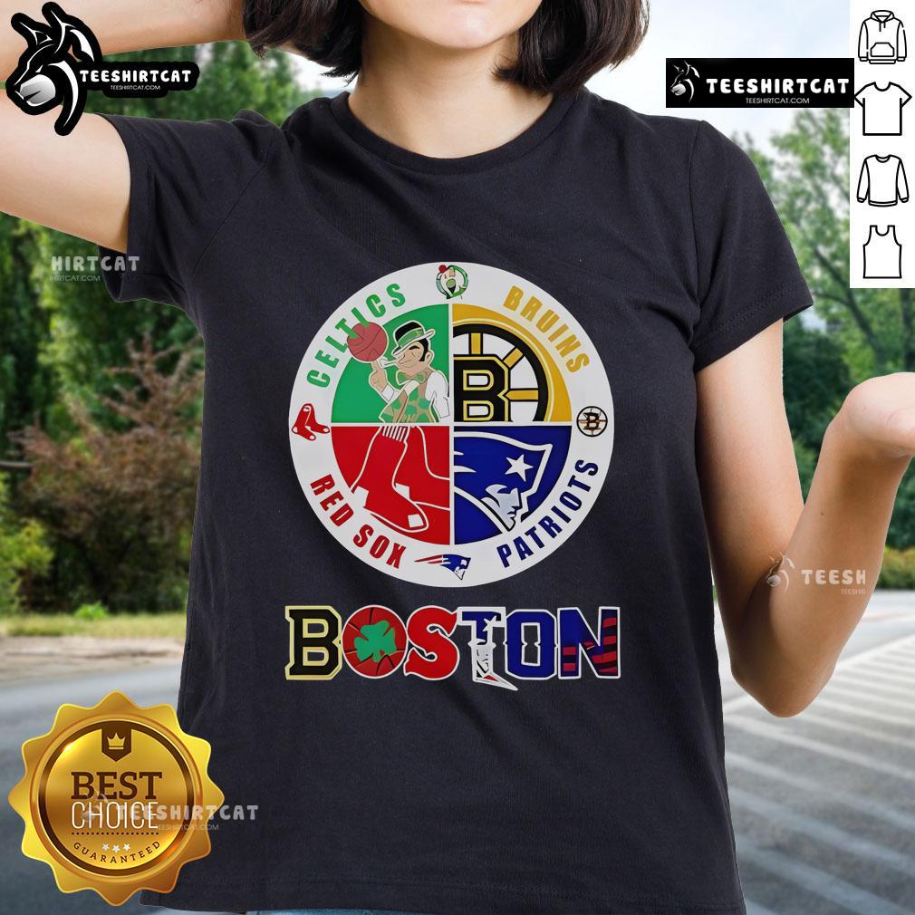 Boston four major sports teams circle emblem on a ladies tee, showcasing city pride and team spirit.