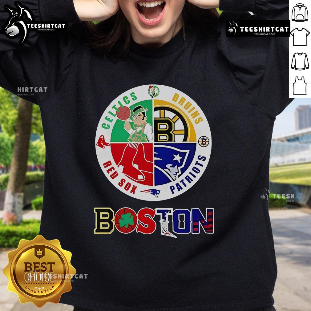Alt Text: Boston sweatshirt featuring a circle emblem with the four major sports teams: Red Sox, Celtics, Bruins, and Patriots.