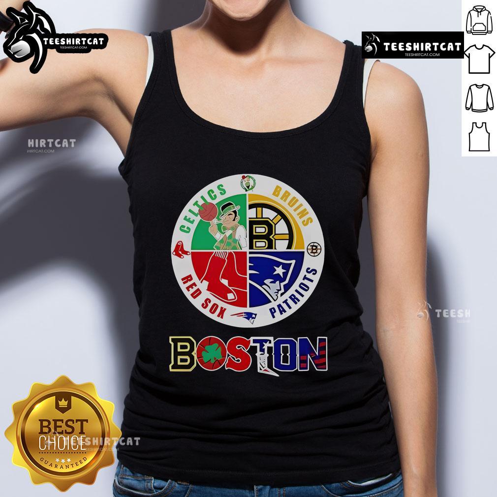 Boston four major sports teams circle emblem tank top featuring iconic logos for fans of Boston sports.