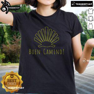 Stylish ladies tee featuring the iconic Camino de Santiago de Compostela design, perfect for pilgrims on the St. James Way.