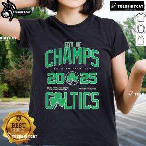 Boston Celtics Ladies Tee for 2025 celebrating back-to-back championships in a stylish design for fans.