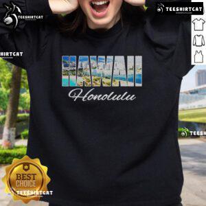 Cozy Hawaiian Island sweatshirt featuring a stunning Honolulu beach scene, perfect for beach lovers and tropical vibes.