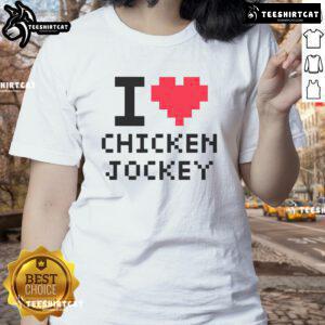 Alt Text: Cute 'I Heart Chicken Jockey' ladies tee featuring a playful chicken design, perfect for chicken lovers.