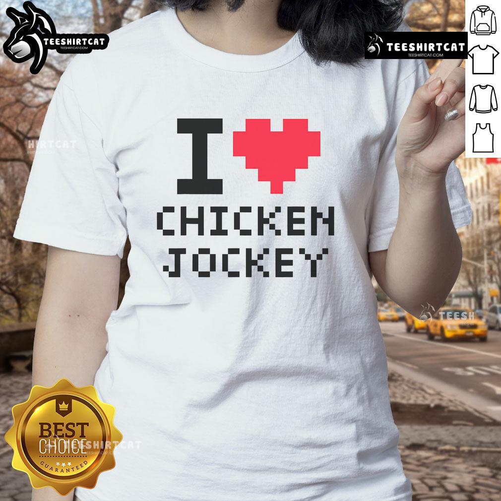 Alt Text: Cute 'I Heart Chicken Jockey' ladies tee featuring a playful chicken design, perfect for chicken lovers.