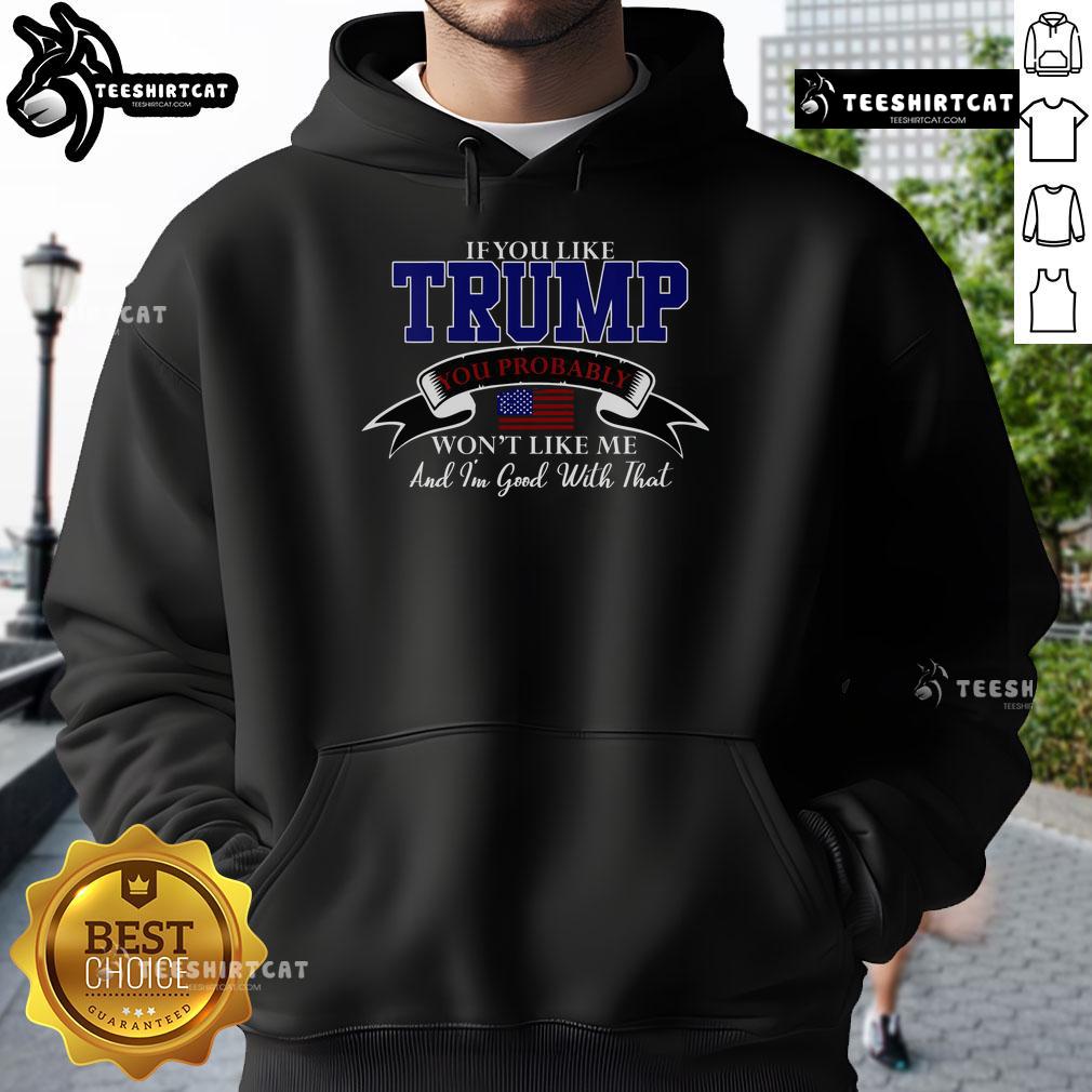 Person wearing a 'Nice If You Like Trump' hoodie, showcasing a bold political statement and unique style.