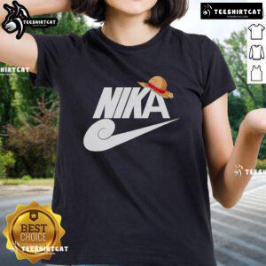 Ladies' tee featuring Nice Nika Monkey D. Luffy hat design, perfect for anime fans and One Piece enthusiasts.