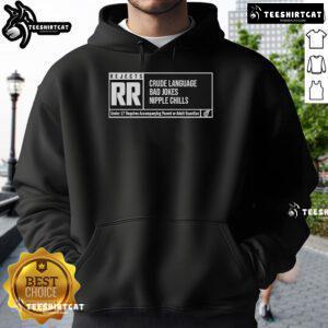 Stylish Nice RR Rating hoodie featuring bold text, perfect for fans of crude language and bad jokes from The Reel Rejects.