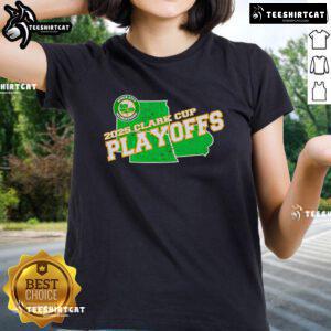 Alt Text: Ladies tee featuring the Nice Sioux City Musketeers 2025 Clark Cup Playoffs logo, perfect for fans and supporters.