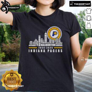 Alt Text: Indiana Pacers players' names on a stylish ladies tee featuring a nice skyline design, perfect for fans.