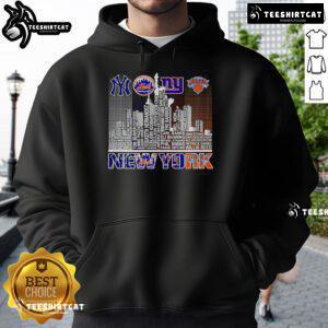 Alt Text: New York skyline with a sports team player wearing a hoodie featuring their name and logo, showcasing team spirit.
