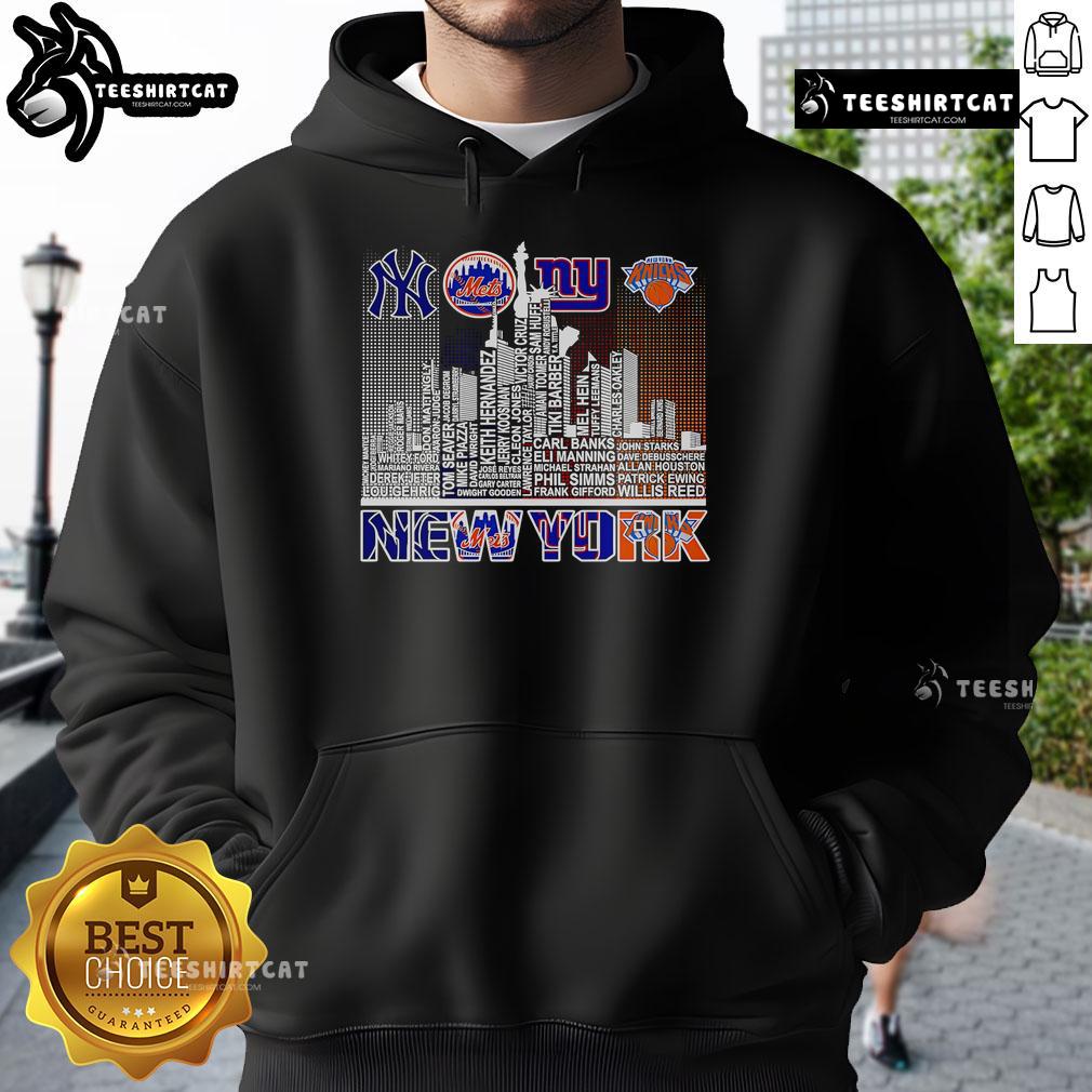 Alt Text: New York skyline with a sports team player wearing a hoodie featuring their name and logo, showcasing team spirit.