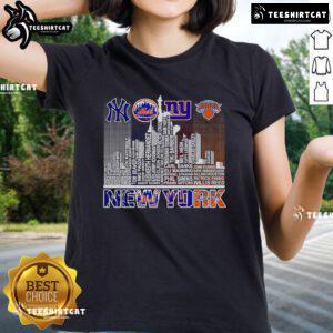 New York skyline with sports team player name on ladies tee, showcasing vibrant city life and team spirit.