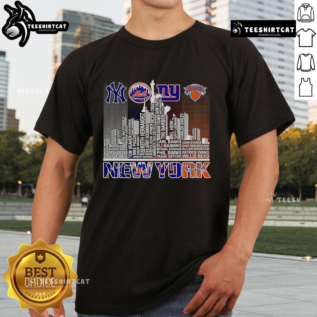 Nice skyline New York sports team player name t-shirt featuring vibrant cityscape and team logo design.
