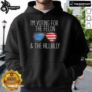 Funny Trump meme featuring a hillbilly hoodie with the phrase 'I'm voting for the felon' to spark political conversation.