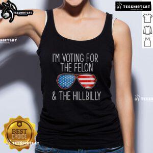 Funny Trump meme featuring a hillbilly tank top saying 'I'm voting for the felon' with vibrant colors and bold text.