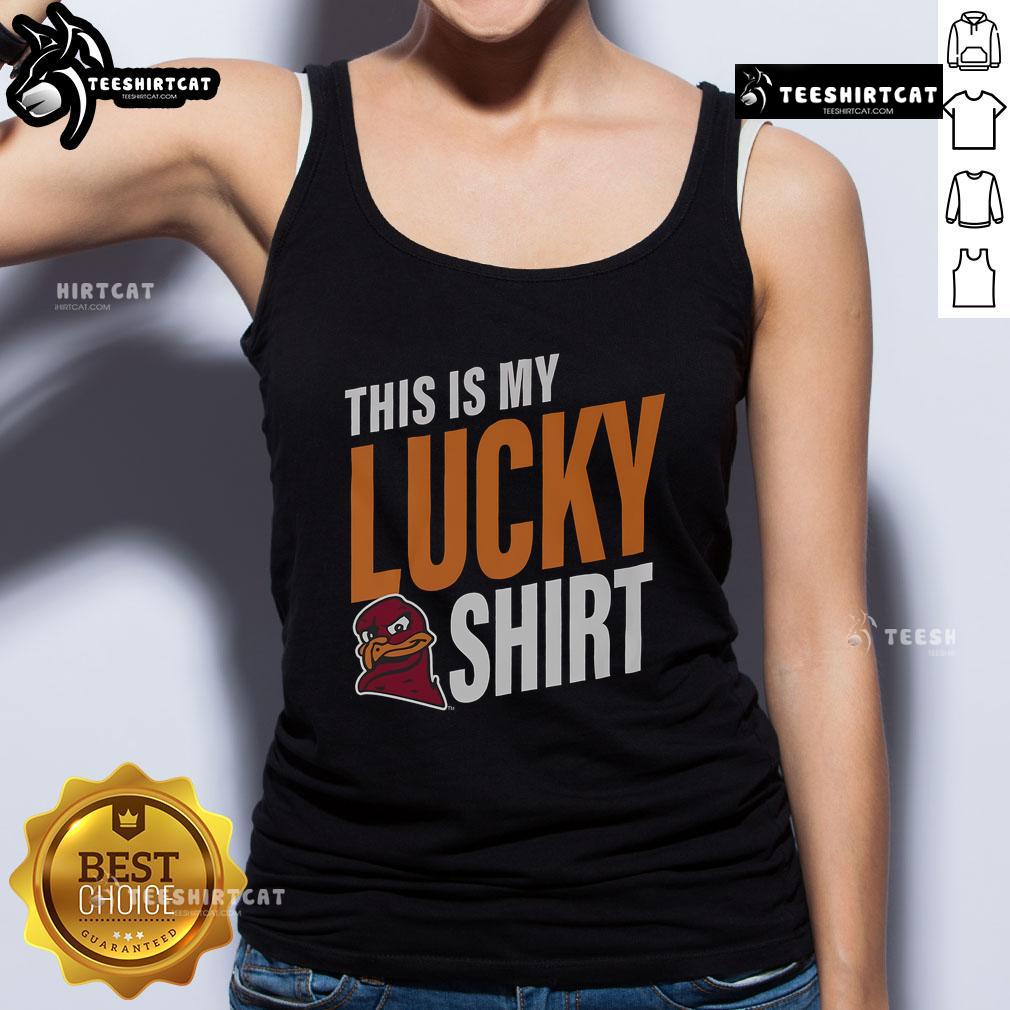Alt Text: Lucky tank top featuring Virginia Tech Hokies logo, perfect for game day and showcasing school spirit.
