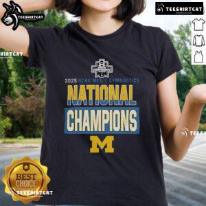 Alt Text: 2025 NCAA Men's Gymnastics National Champions Ladies Tee featuring Nice Wolverines logo and design.