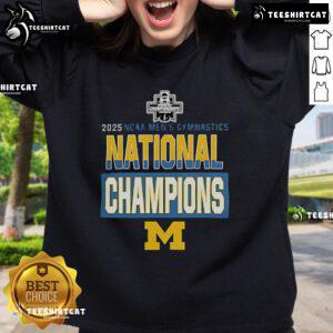 2025 NCAA Men's Gymnastics National Champions sweatshirt featuring Nice Wolverines logo and vibrant team colors.