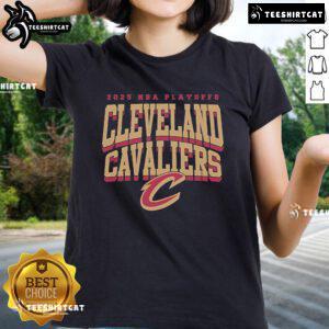 Alt Text: Official 2025 NBA Playoffs Cleveland Cavaliers Playoffs Script C Ladies Tee in stylish design for fans.