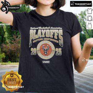 Alt Text: Official 47 Milwaukee Bucks Black 2025 Playoff Participant Franklin Ladies Tee for stylish fan wear.