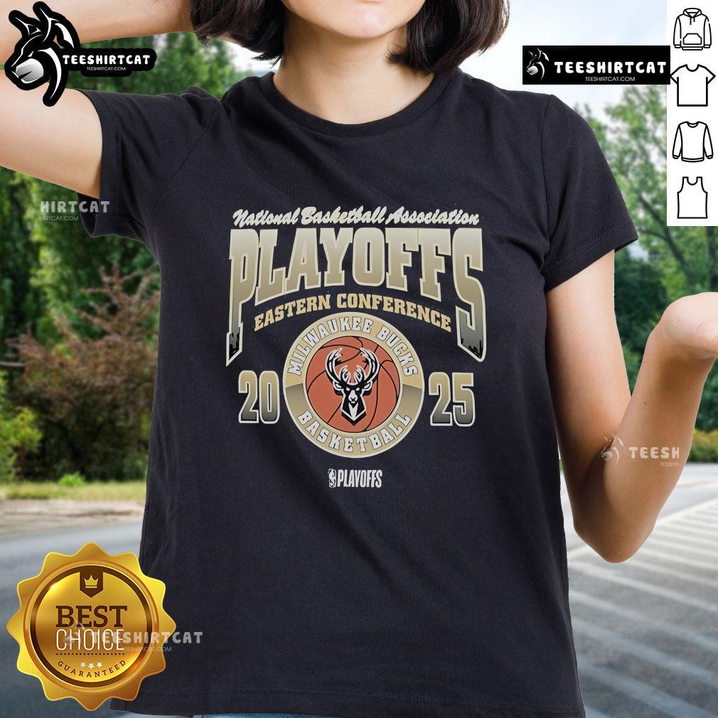 Alt Text: Official 47 Milwaukee Bucks Black 2025 Playoff Participant Franklin Ladies Tee for stylish fan wear.