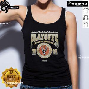 Alt Text: Official Milwaukee Bucks Black 2025 Playoff Participant Franklin Tank Top featuring team logo and stylish design.
