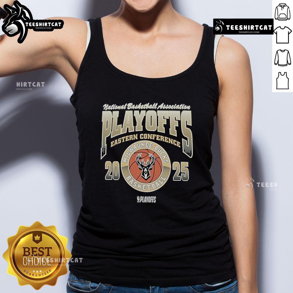 Alt Text: Official Milwaukee Bucks Black 2025 Playoff Participant Franklin Tank Top featuring team logo and stylish design.