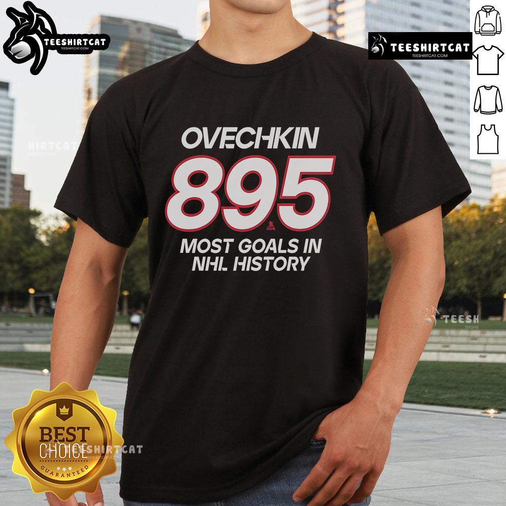 Official Alexander Ovechkin Washington Capitals NHL All-Time Leading Goal Scorer 895 T-Shirt showcasing player name and number.