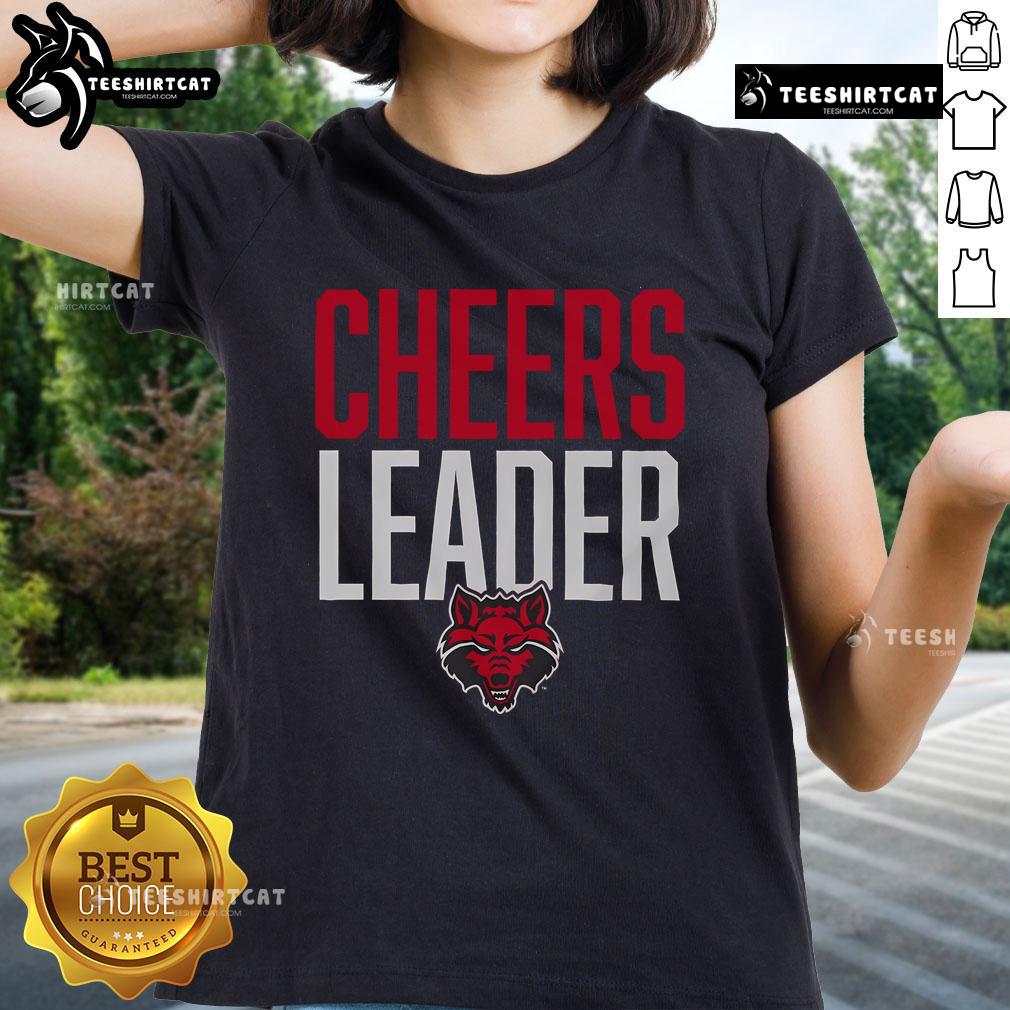Official Arkansas State Red Wolves cheerleader ladies tee featuring vibrant colors and team logo for fans and supporters.