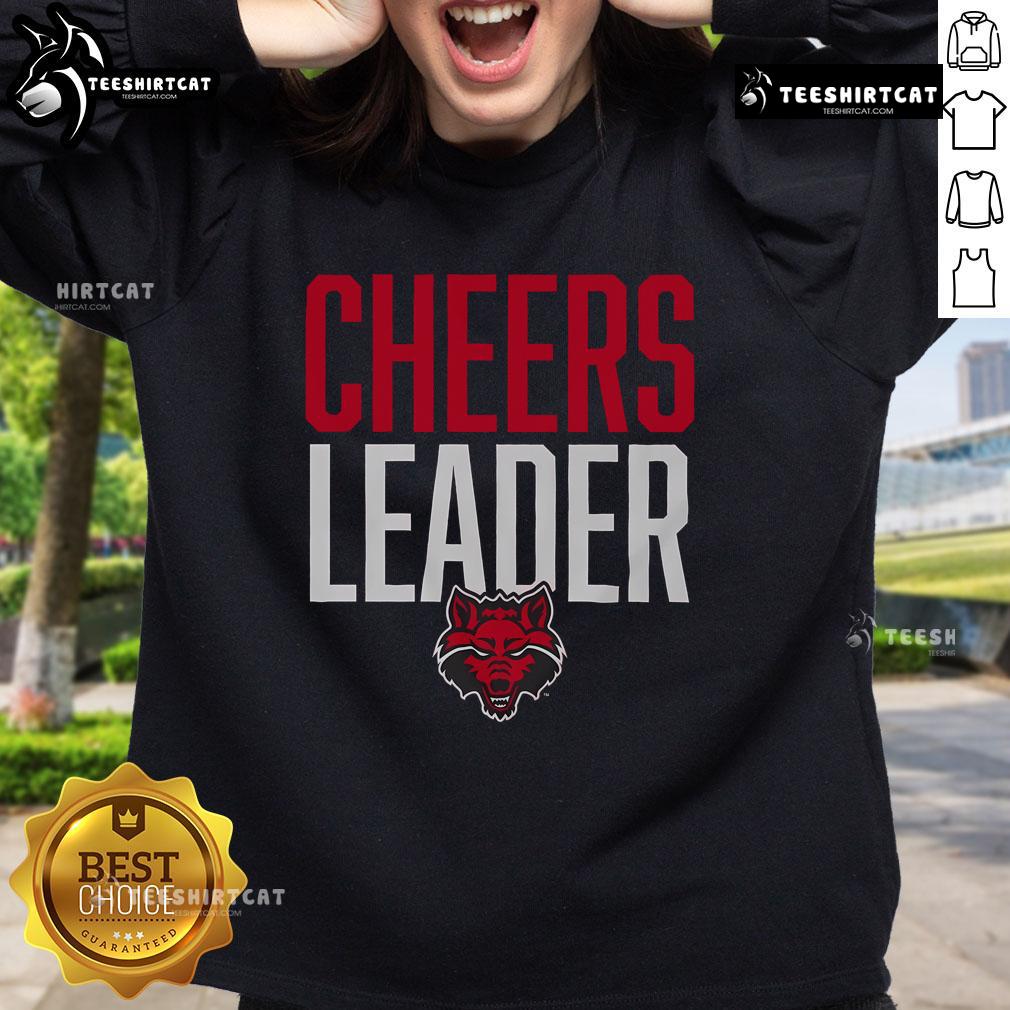 Official Arkansas State Red Wolves cheerleader sweatshirt in team colors, perfect for fans and game day apparel.