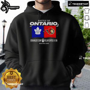 Official Battle of Ontario 2025 Stanley Cup Playoffs Round 1 Match-Up Hoodie featuring team logos and playoff graphics.
