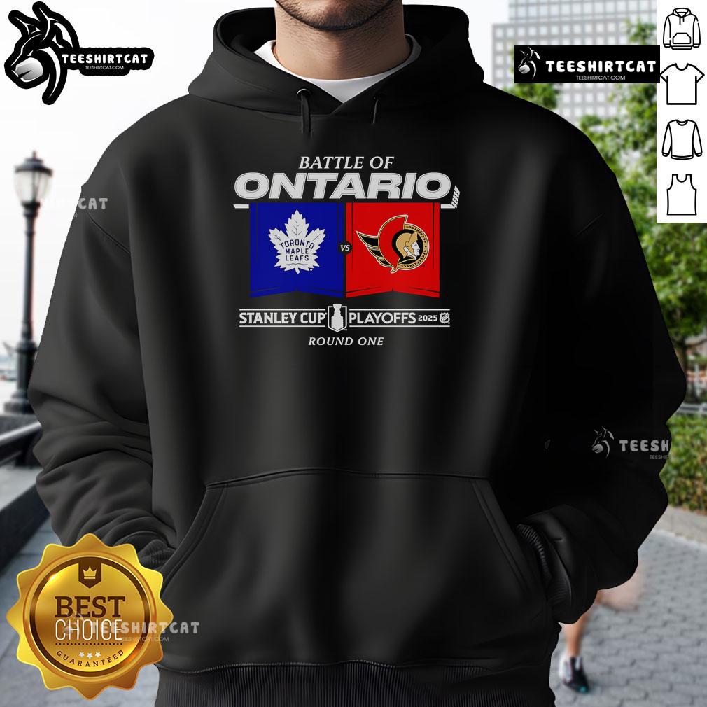 Official Battle of Ontario 2025 Stanley Cup Playoffs Round 1 Match-Up Hoodie featuring team logos and playoff graphics.