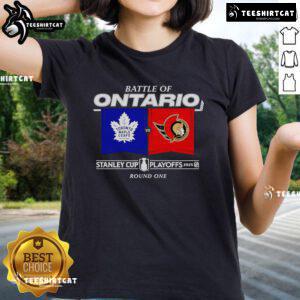 Official Battle of Ontario 2025 Stanley Cup Playoffs Round 1 Match-Up Ladies Tee featuring team logos and vibrant colors.