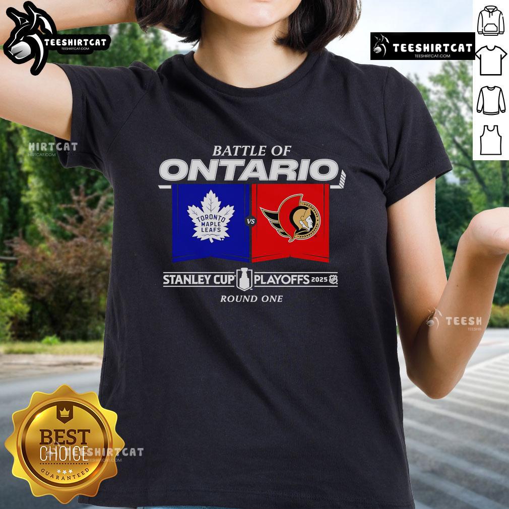 Official Battle of Ontario 2025 Stanley Cup Playoffs Round 1 Match-Up Ladies Tee featuring team logos and vibrant colors.