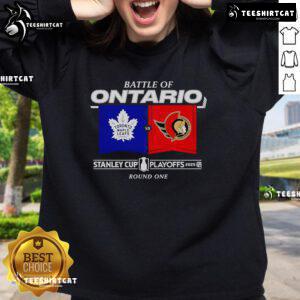 Official Battle of Ontario 2025 Stanley Cup Playoffs Round 1 Match-Up sweatshirt featuring team logos and playoff graphics.