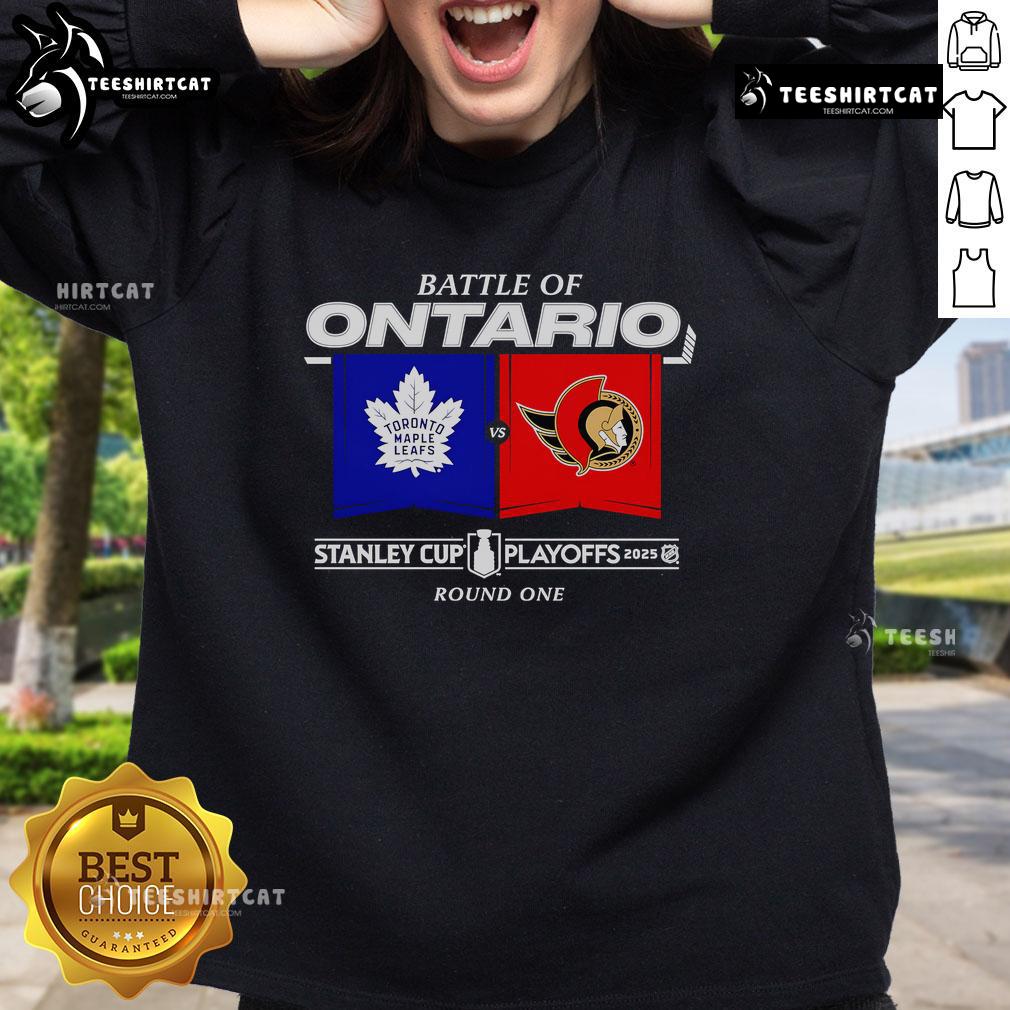 Official Battle of Ontario 2025 Stanley Cup Playoffs Round 1 Match-Up sweatshirt featuring team logos and playoff graphics.