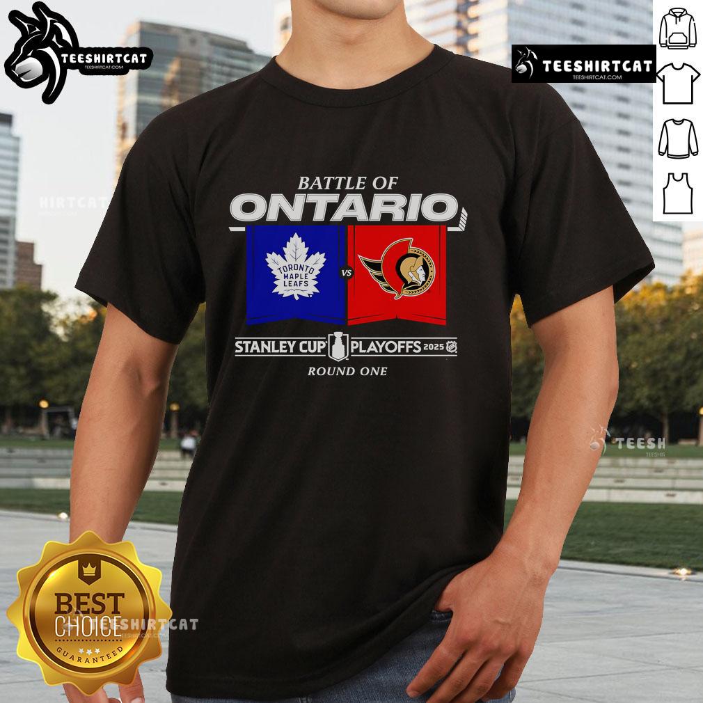 Official Battle Of Ontario 2025 Stanley Cup Playoffs Round 1 Match Up T-Shirt featuring team logos and playoff graphics.