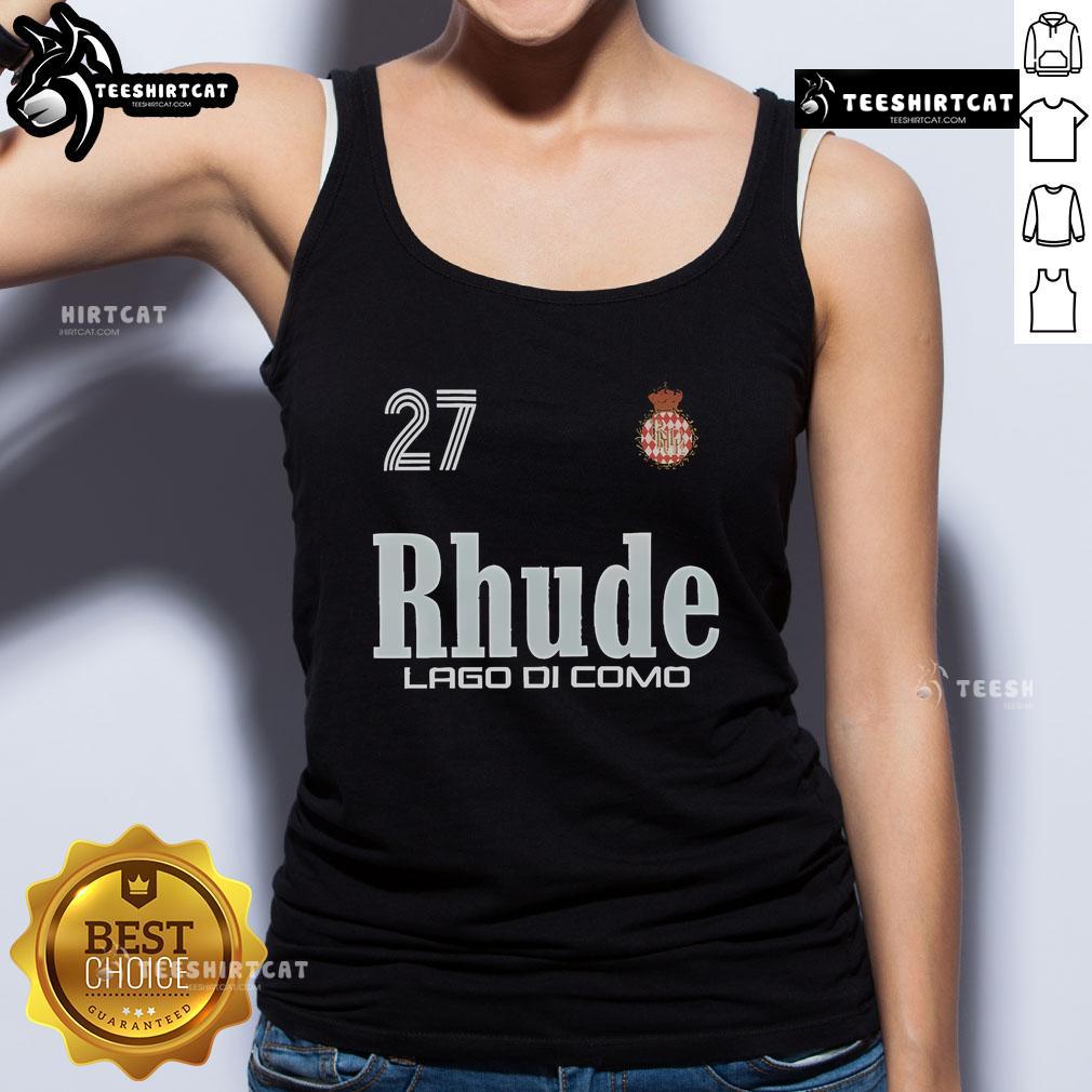 Alt Text: Official Como Racing Rhude Lago Di Como tank top featuring a stylish design and vibrant colors for fans and fashion lovers.