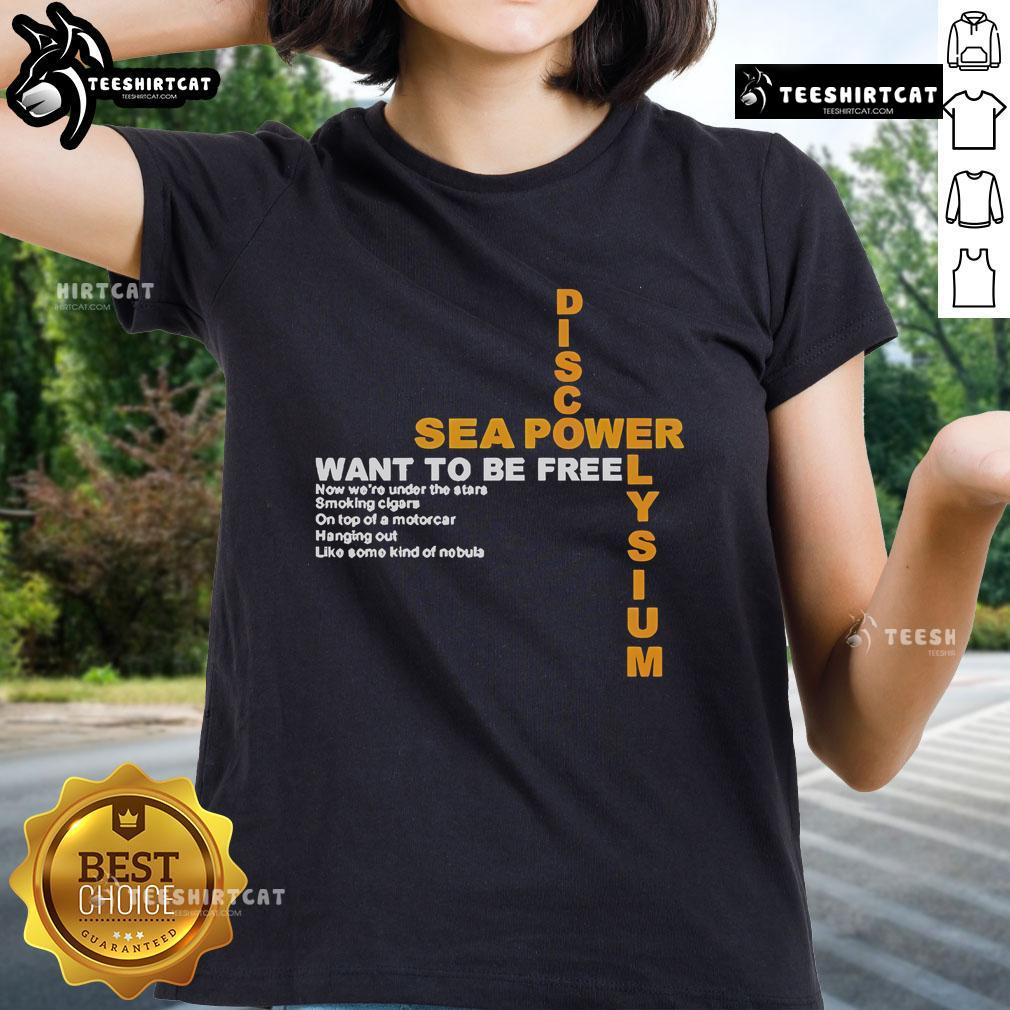 Official Disco Elysium Sea Power Want To Be Free Ladies Tee featuring vibrant design and comfortable fit for fans.