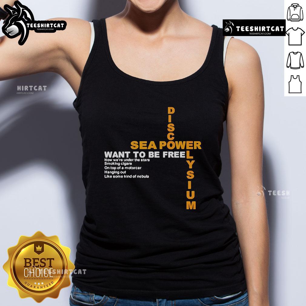 Official Disco Elysium Sea Power Want To Be Free tank top featuring vibrant design and game-inspired graphics.