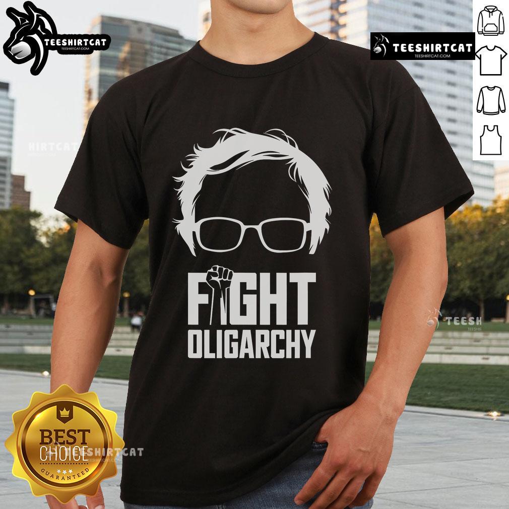 Official Fight Oligarchy Protest T-Shirt featuring Bernie Sanders and AOC, promoting resistance against corporate influence.