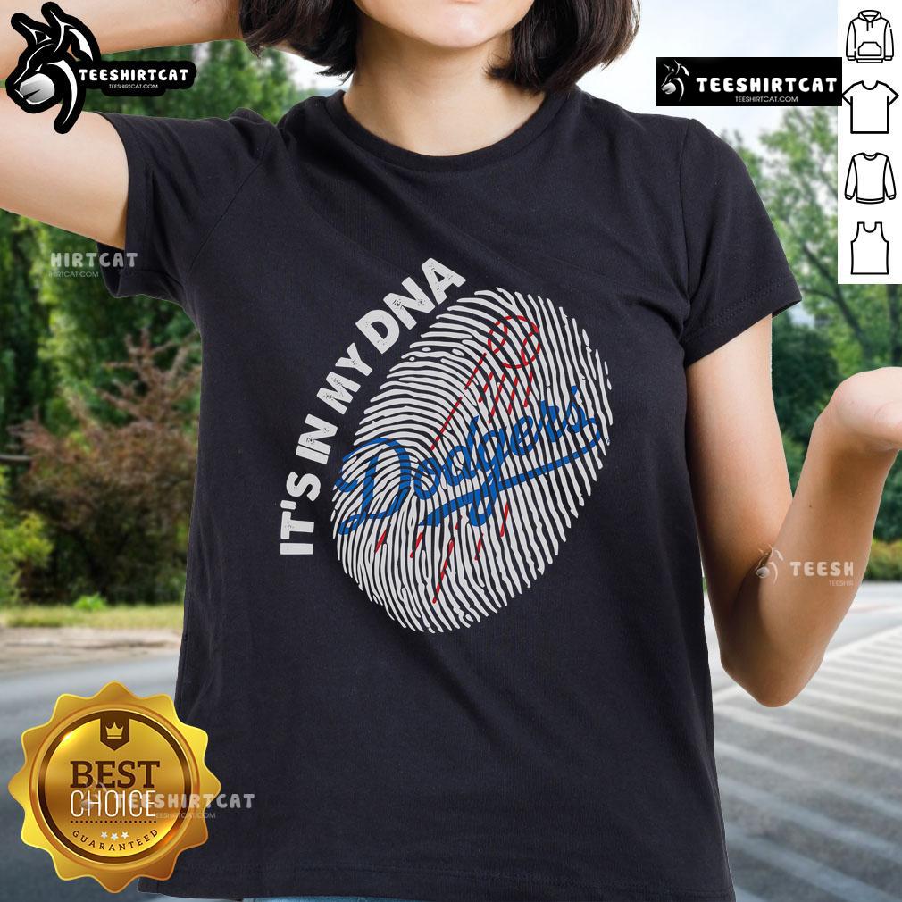 Los Angeles Dodgers ladies tee featuring 'It's in My DNA' design with a fingerprint graphic. Perfect for fans!