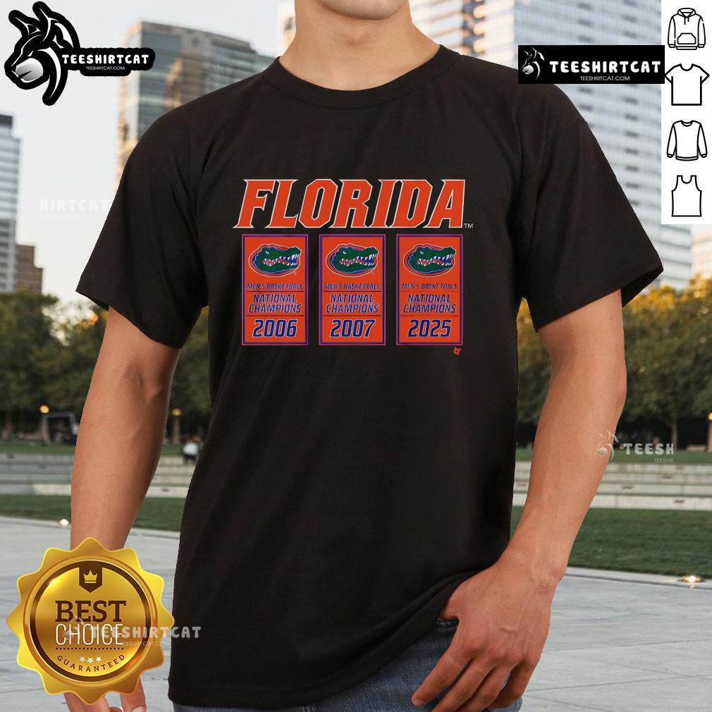Official Florida Basketball 2025 NCAA Champions Banners T-Shirt featuring vibrant graphics celebrating the victory.