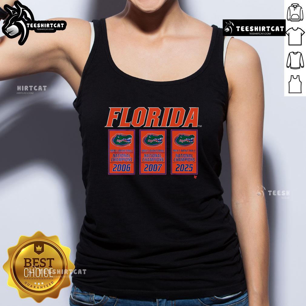 Official Florida Basketball 2025 NCAA Champions Banners Tank Top featuring vibrant team colors and logo design.