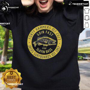Official Forty Hammers Slaying Bass Sweatshirt in vibrant colors, showcasing unique design and comfortable fit for fishing fans.