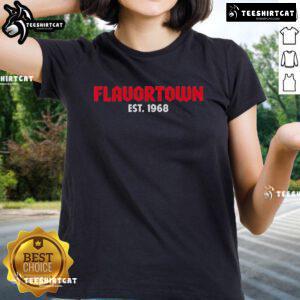 Official Guy Fieri Flavortown Est 1968 Ladies Tee featuring vibrant graphics and a stylish fit for fans of culinary adventures.